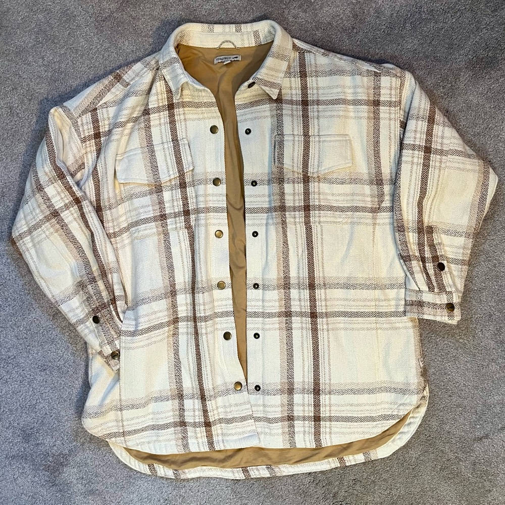 Toad&Co Cream and Brown Plaid Shirt Jacket